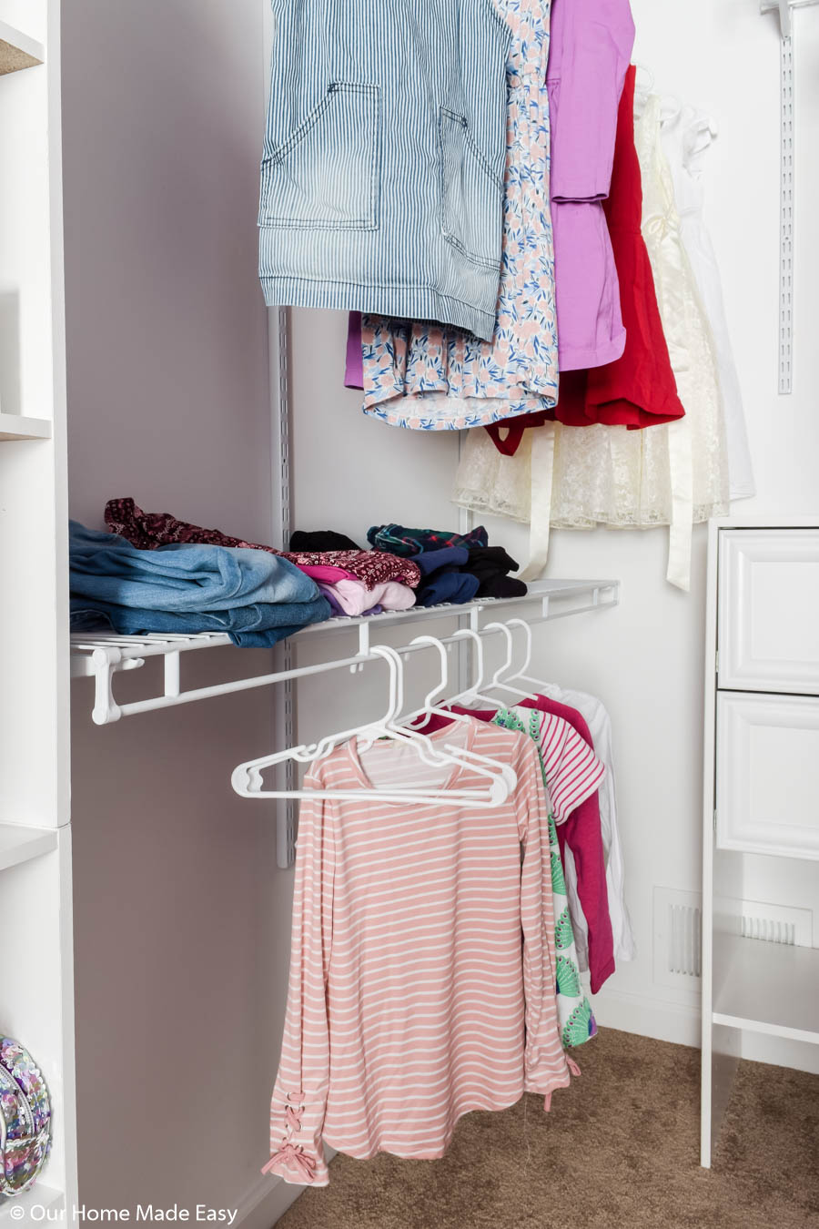 This adjustable shelving is a great option for closets, as you can more and adjust it as needed