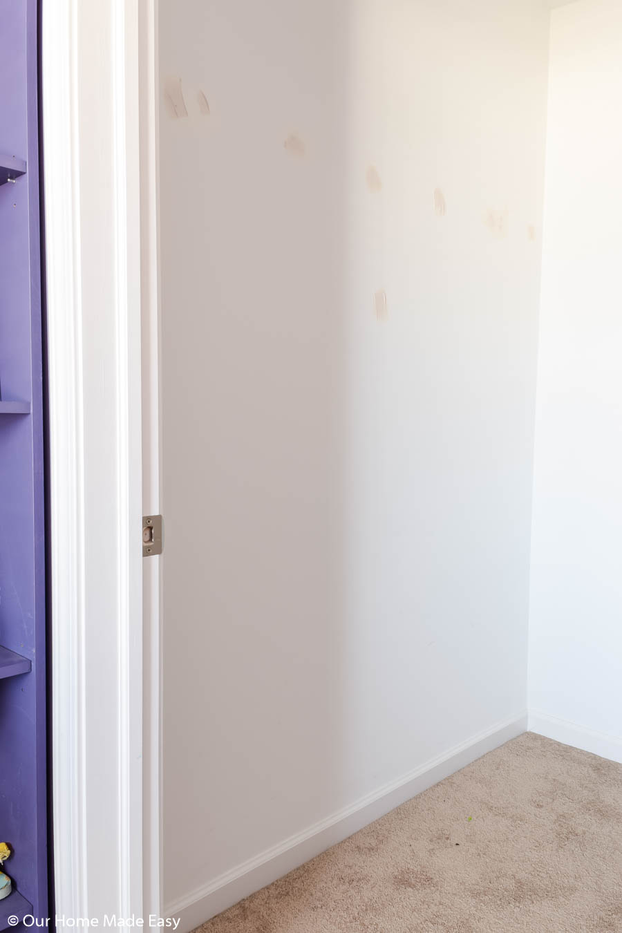 We removed the shelves and patched the holes in the bedroom closet, so we could add new shelves