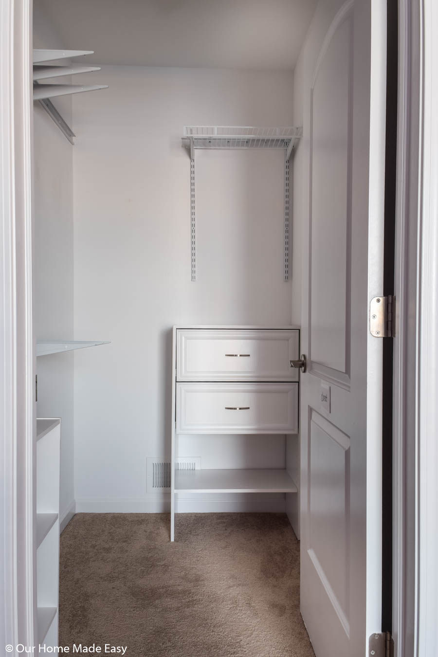 To organize our small bedroom closet, we added more shelving and a few small dressers for added storage