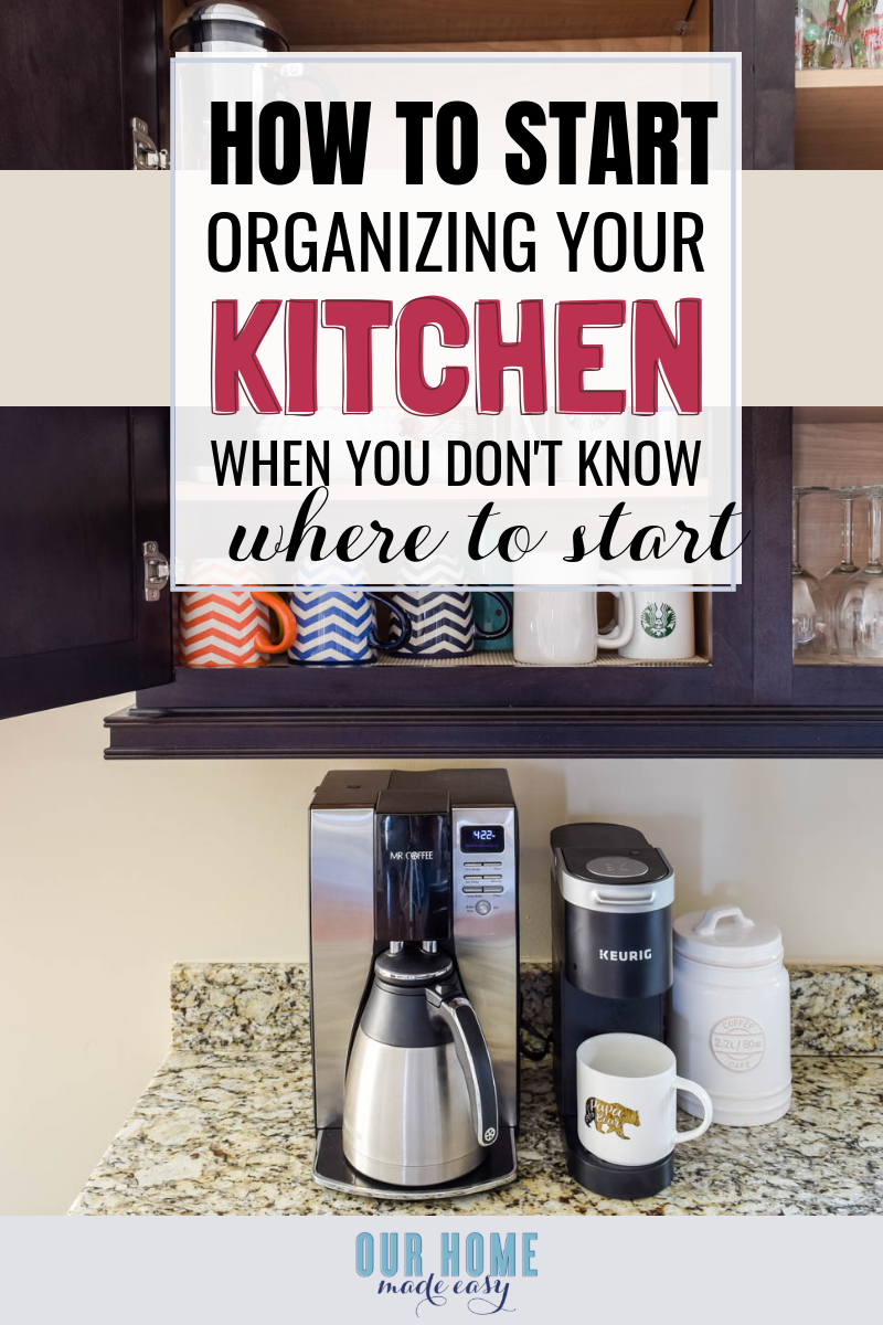 My favorite trick for decluttering cabinets & kitchen organization! It costs nothing and is the best way just to start organizing when you feel overwhelmed! #homedecor #kitchen #ourhomemadeeasy #organization