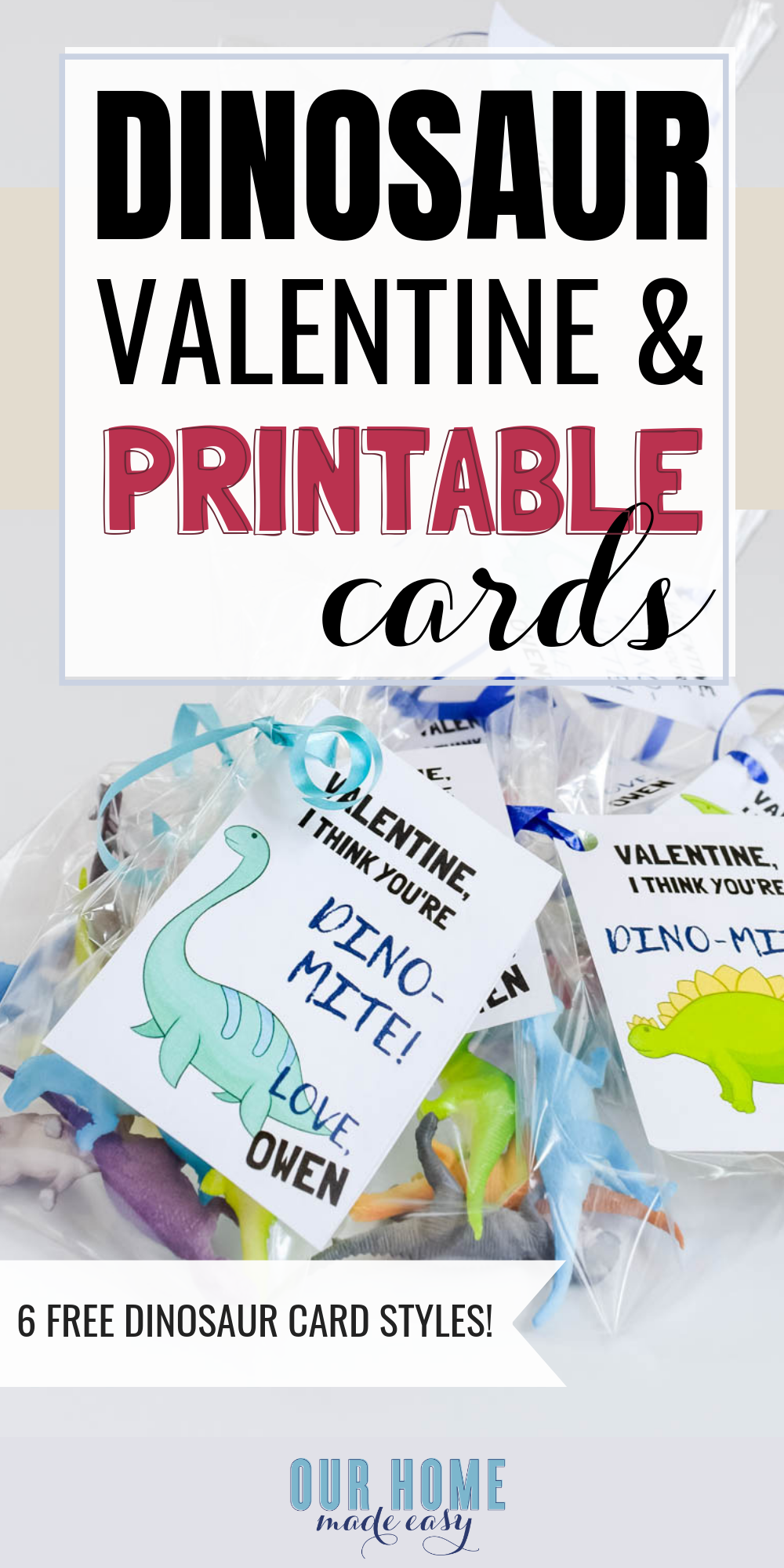 DIY Dinosaur Valentines Cards with this free printable! Download it and make your own fun valentines for school for kids! #valentinesday #valentinesdayschool #valentinesdaycard #ourhomemadeeasy