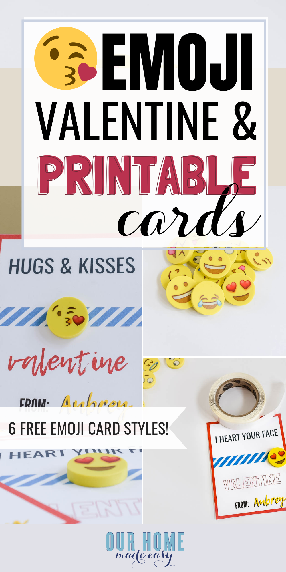 Free Printable Emoji Valentine's Day Cards with Emoji Erasers