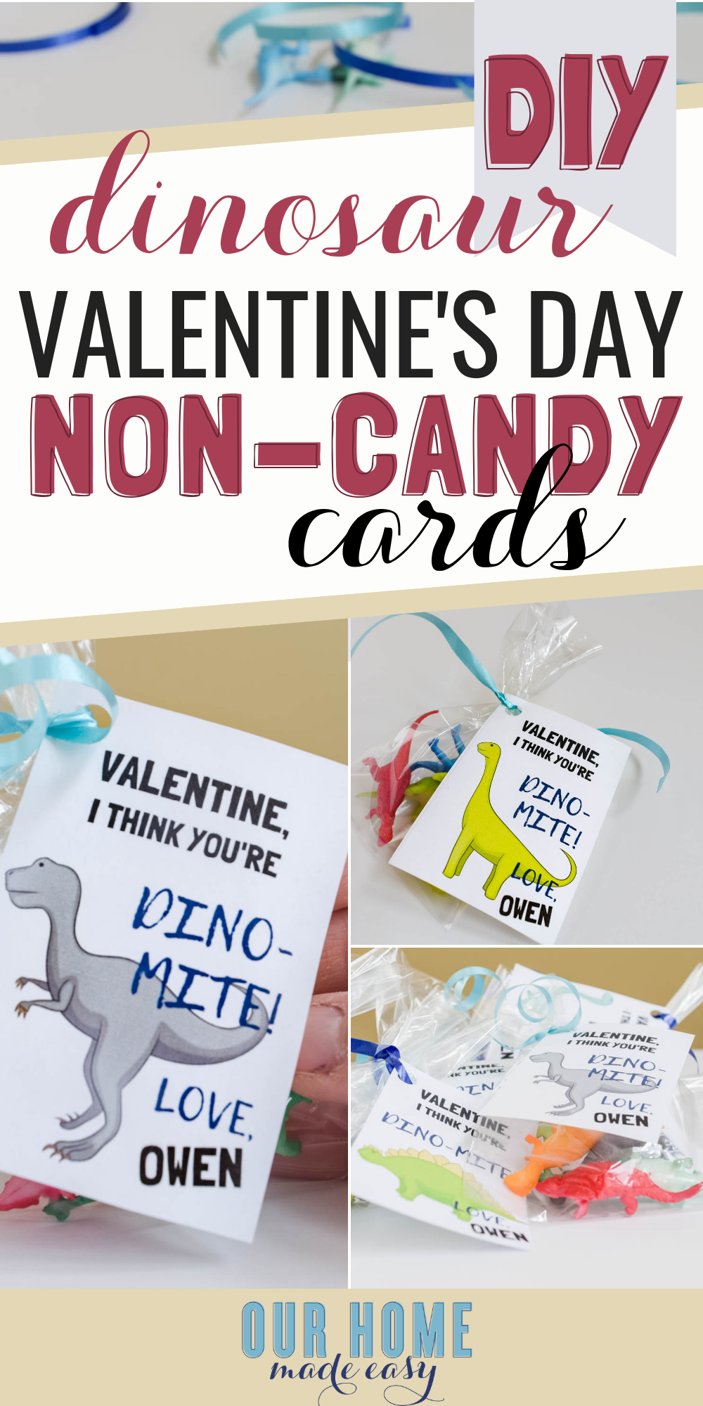 Non Candy Valentine's Day idea for kids! DIY Dinosaur Valentines Cards with this free printable!#valentinesday #valentinesdayschool #valentinesdaycard #ourhomemadeeasy