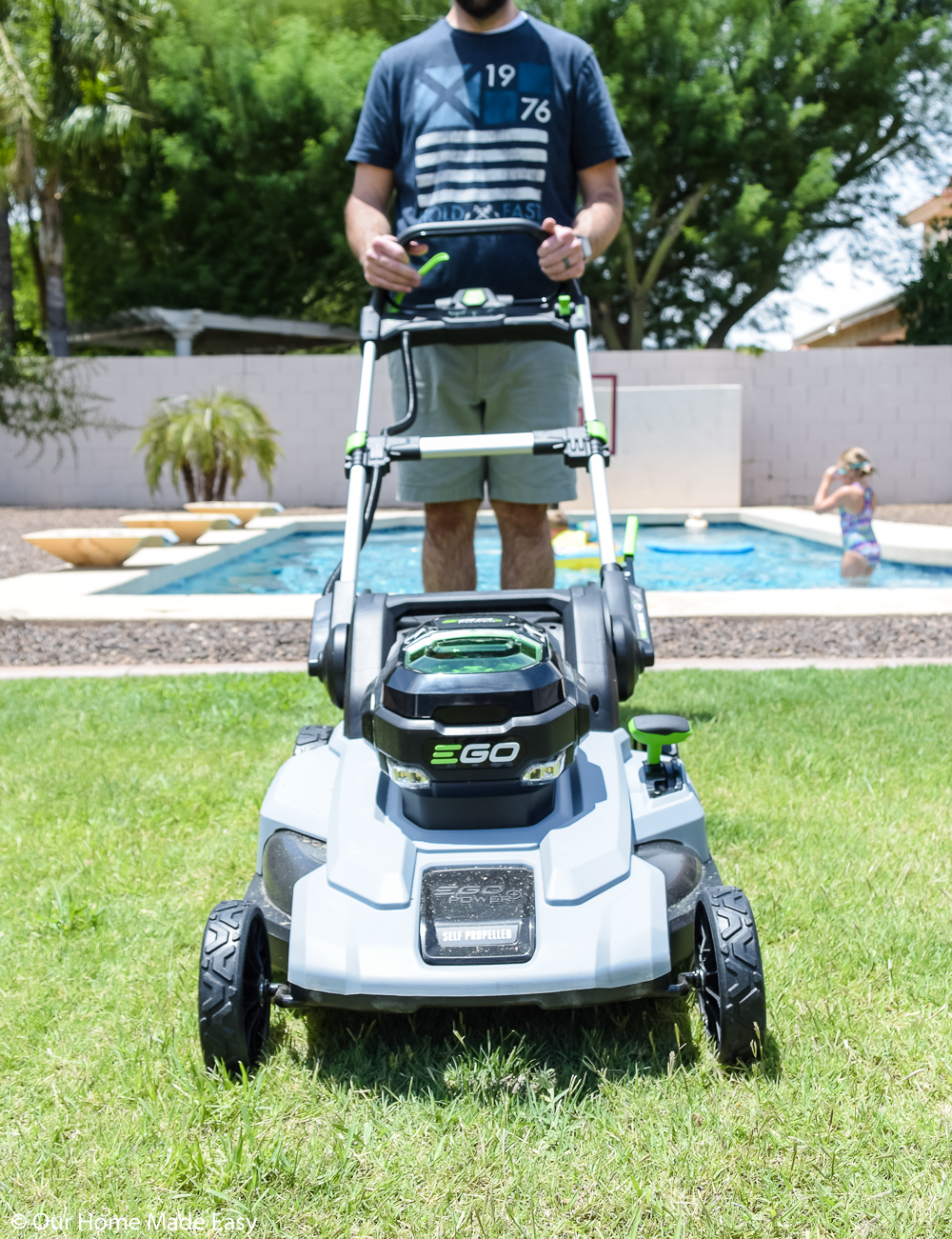 The EGO lawnmower helps us save time mowing our large backyard lawn