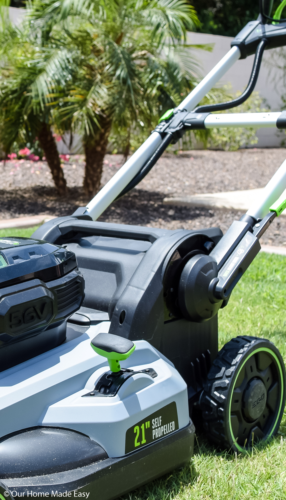 Our EGO lawnmower is a battery powered lawnmower that keeps our lawn looking fresh and maintained