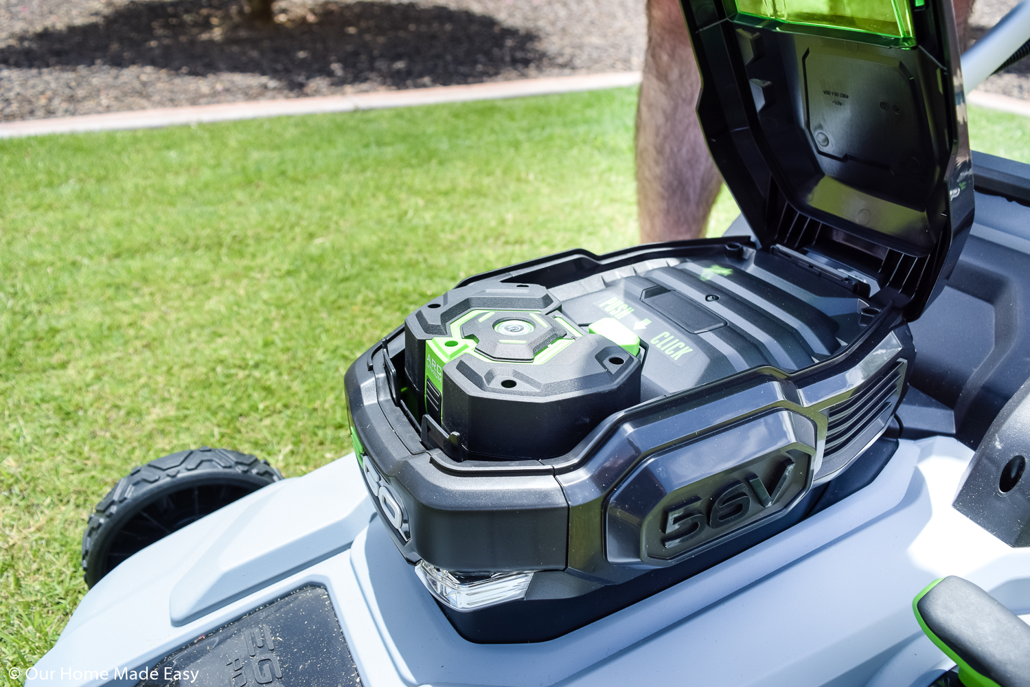 The battery powered EGO lawnmower makes mowing the lawn a simple chore