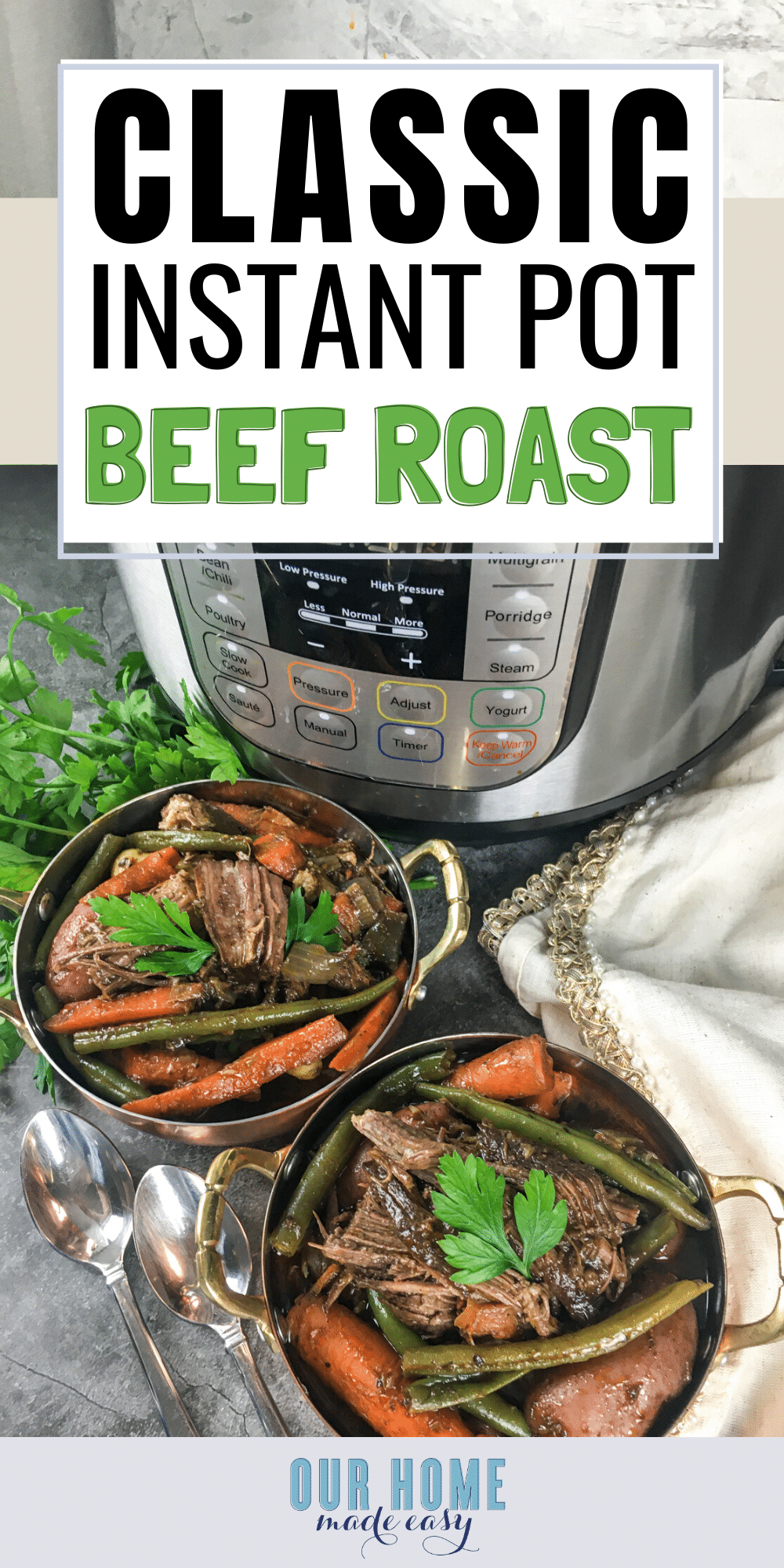 This instant pot beef roast will make a family favorite dinner in only an hour! It's perfect for busy nights when you crave comfort food. 