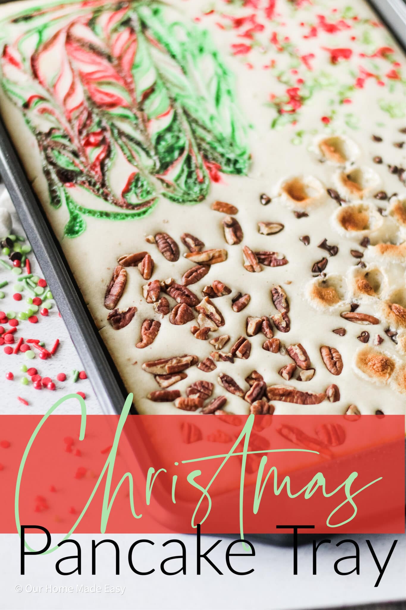 Bake four kinds of Christmas-themed pancakes on one sheet pan -- no flipping required!