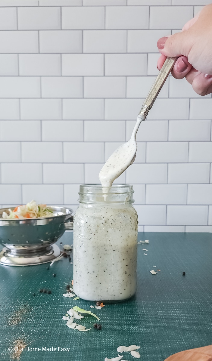 creamy coleslaw dressing with spoon
