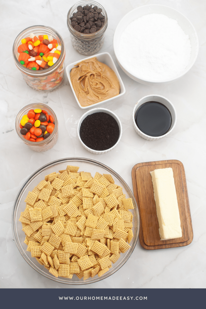 Halloween Muddy Buddy Ingredients on countertop