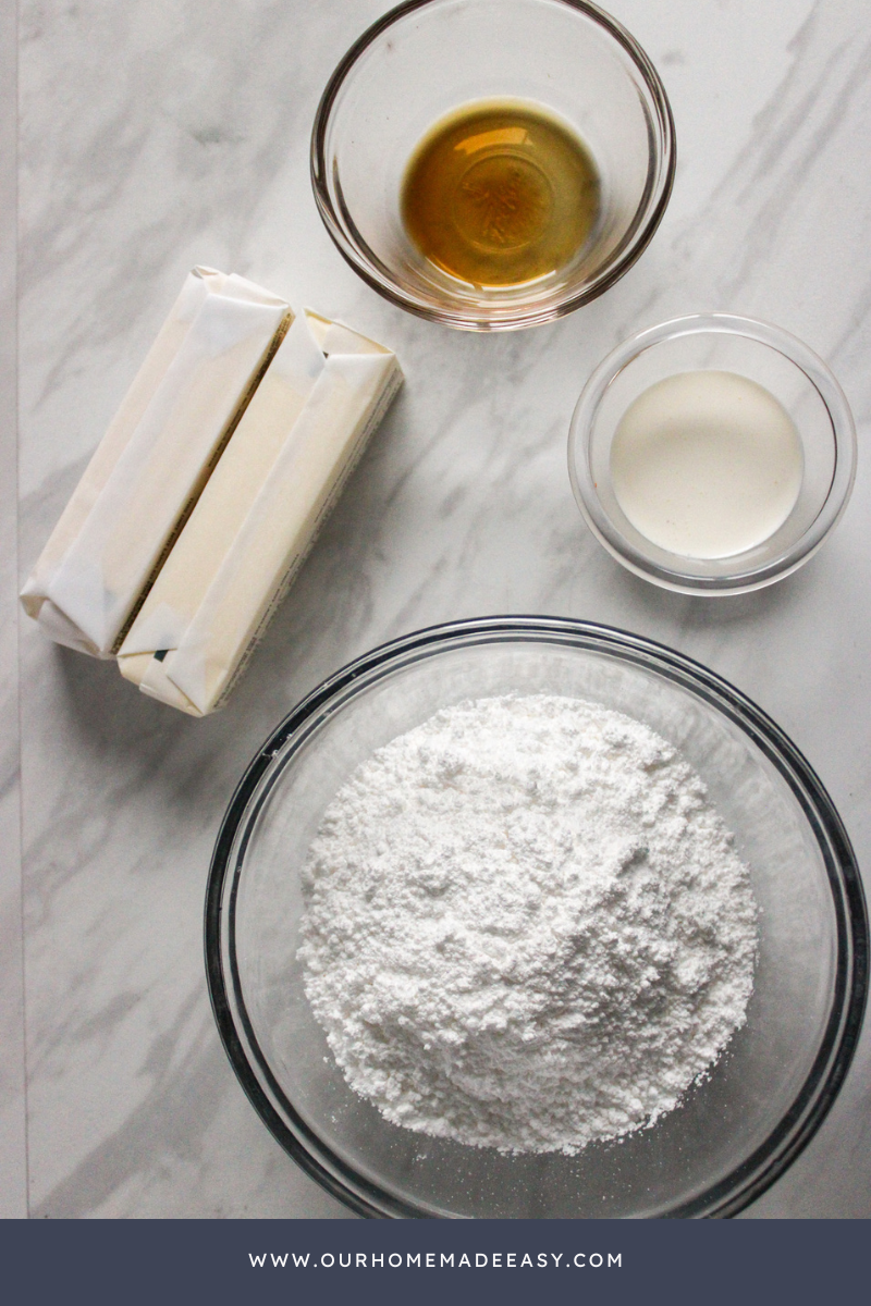 Brown Butter frosting ingredients on counter top