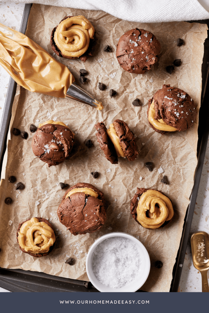 Chocolate Peanut Butter Sandwiches Finished Decorated on baking pan