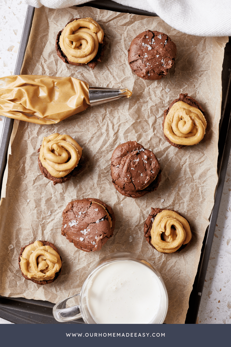 Peanut butter filling on brownie cookies