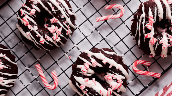 Mini Chocolate Peppermint Christmas Bundt Cakes on cooling rack