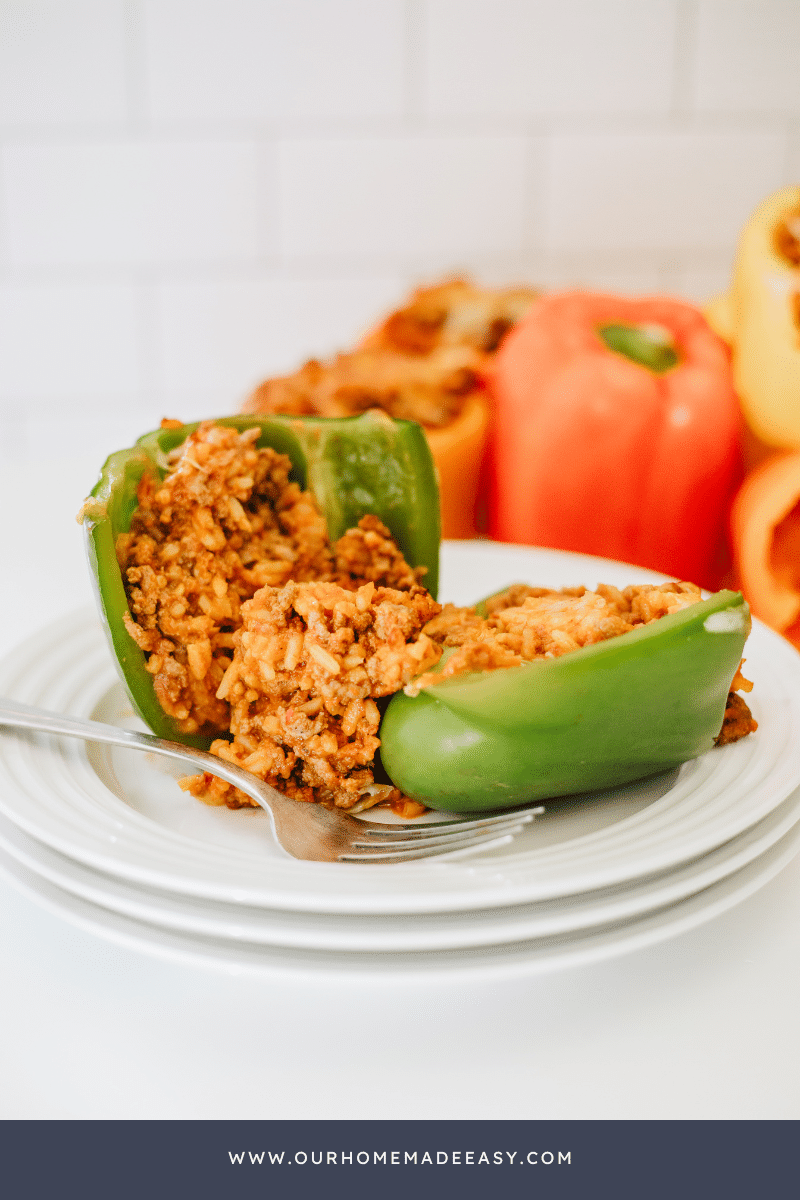 Air Fryer Stuffed Peppers cut open on plate