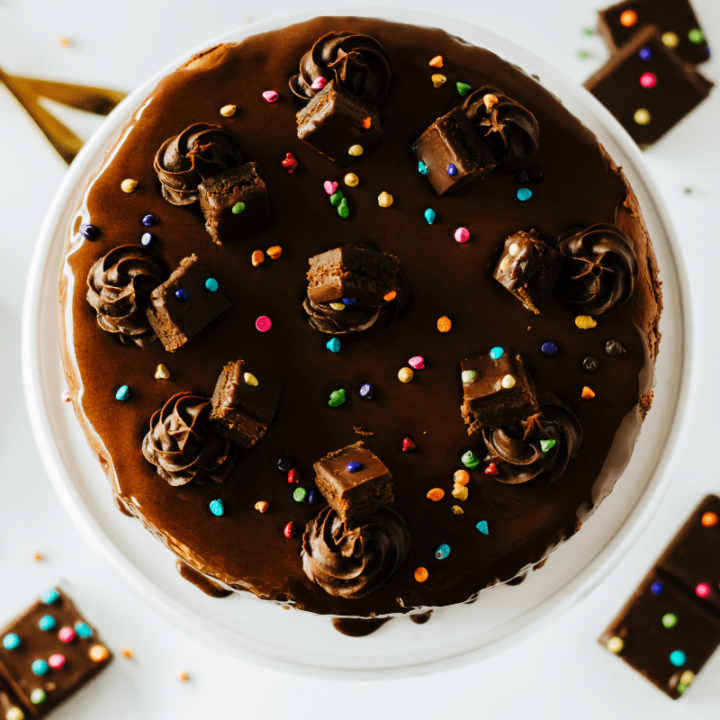 brownie chocolate cheesecake looking down on counter top