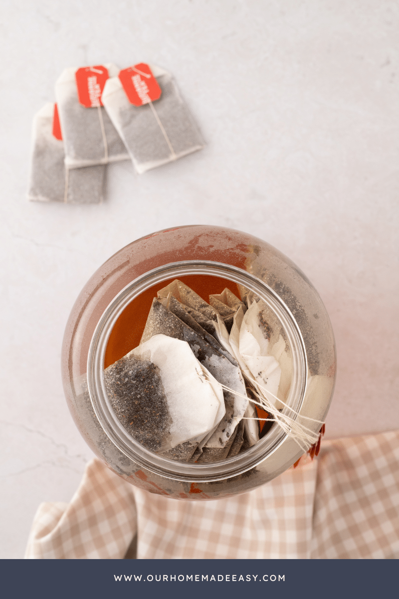 Sweet tea bags brewing on countertop