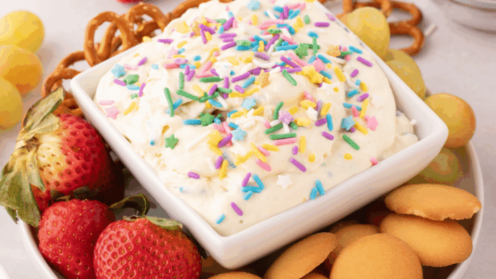 Cake Batter Dip on platter with fruit on table