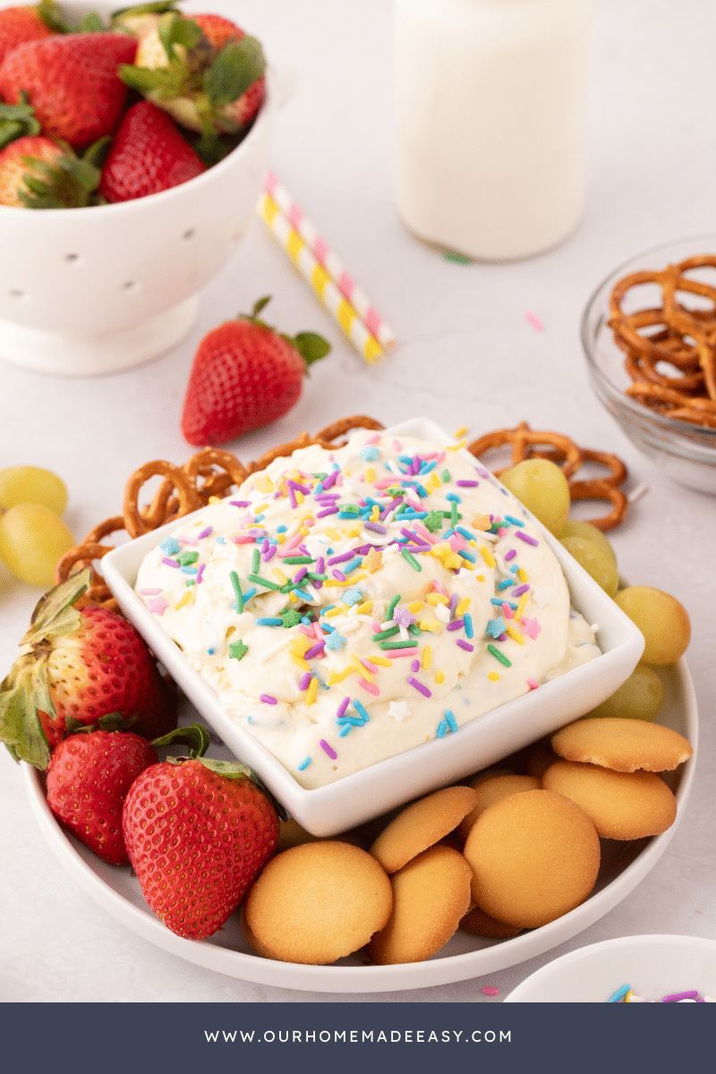 Cake Batter Dip on platter with fruit