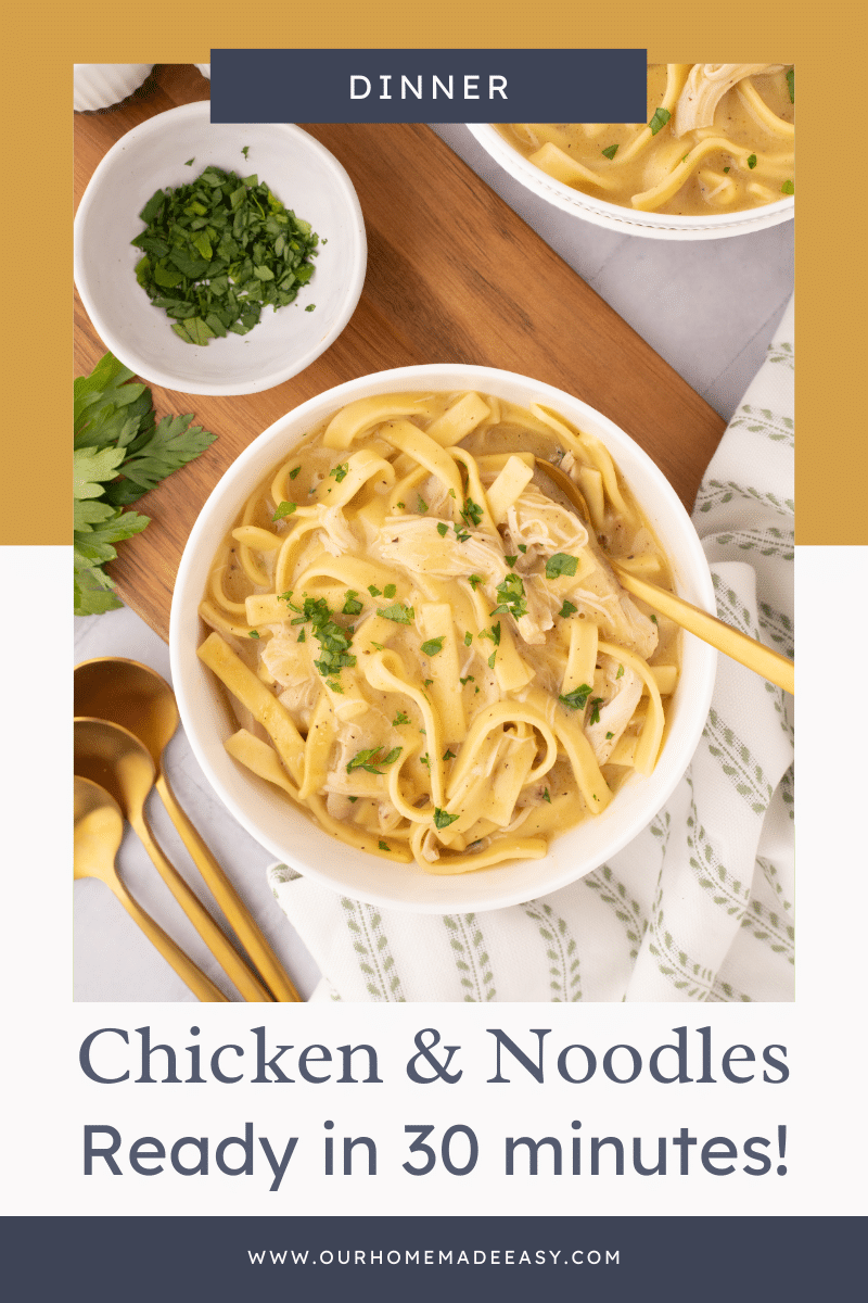 chicken and noodles on wood top with text graphic