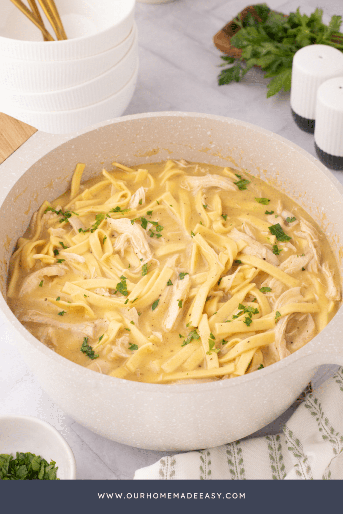 chicken and noodles noodles in cast iron pot
