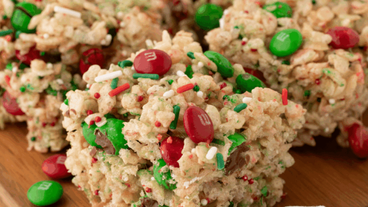 Christmas rice Krispie treats on wood cut up