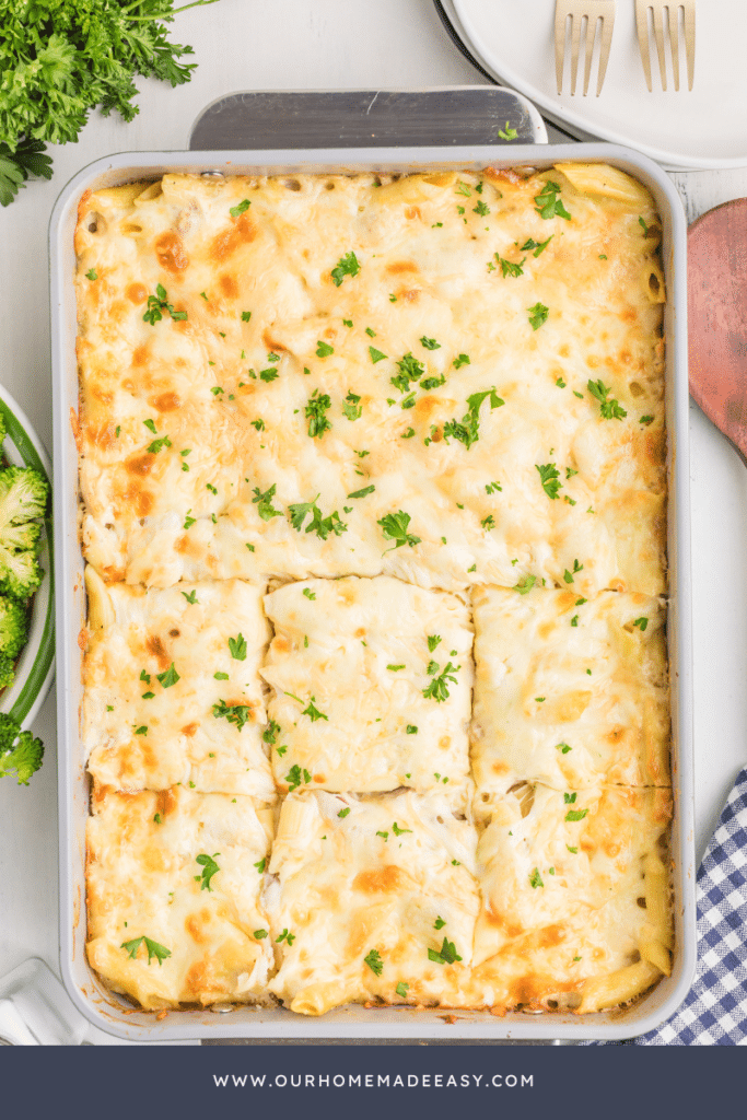 Sliced chicken alfredo bake in pan