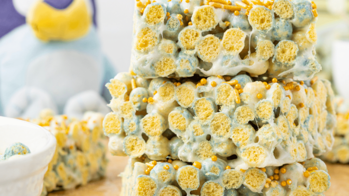 Bluey Cereal Bars stacked on wood cutting board