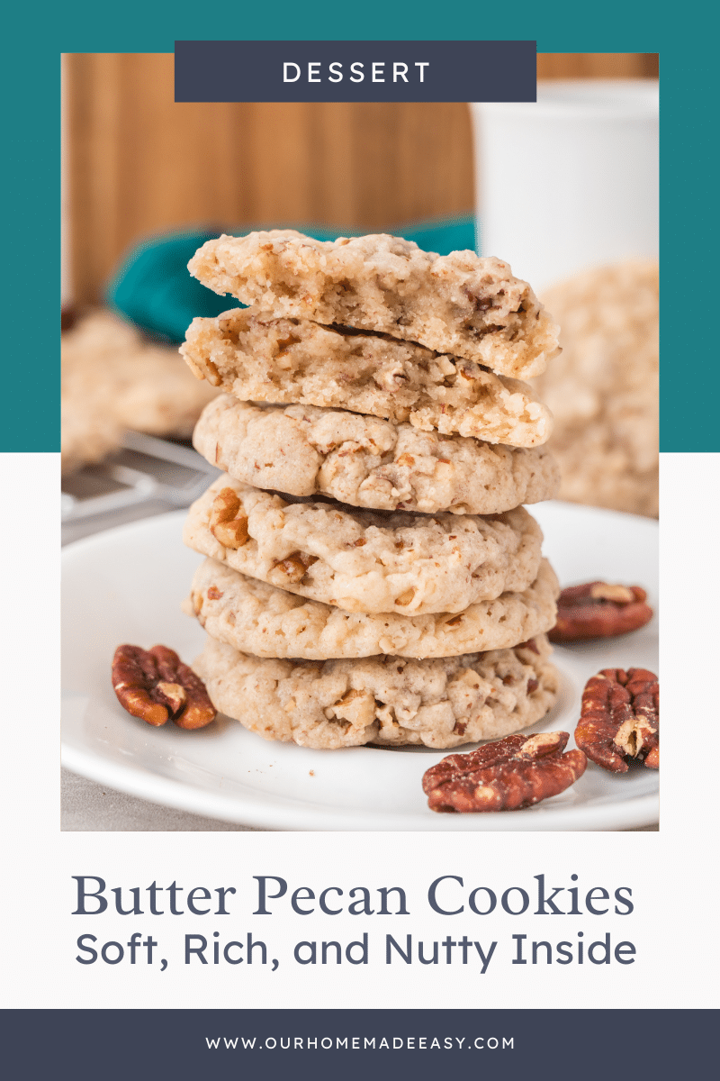 Butter pecan cookies stacked on plate with text
