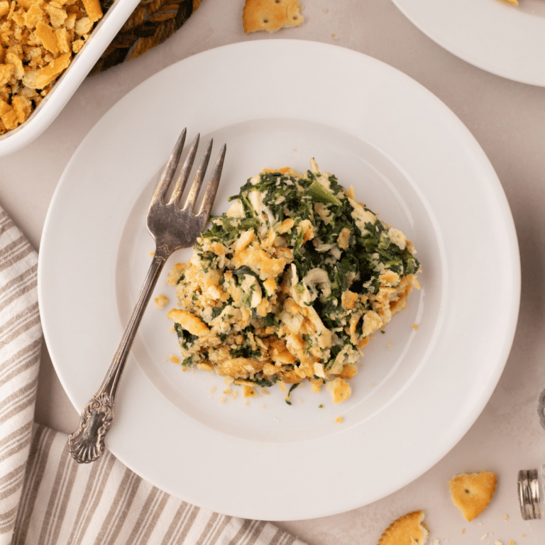 Chicken Spinach Casserole on white plate