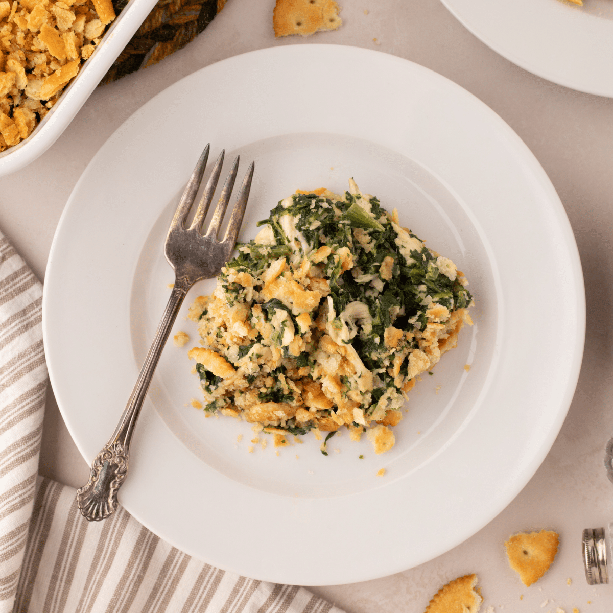 Chicken Spinach Casserole on white plate