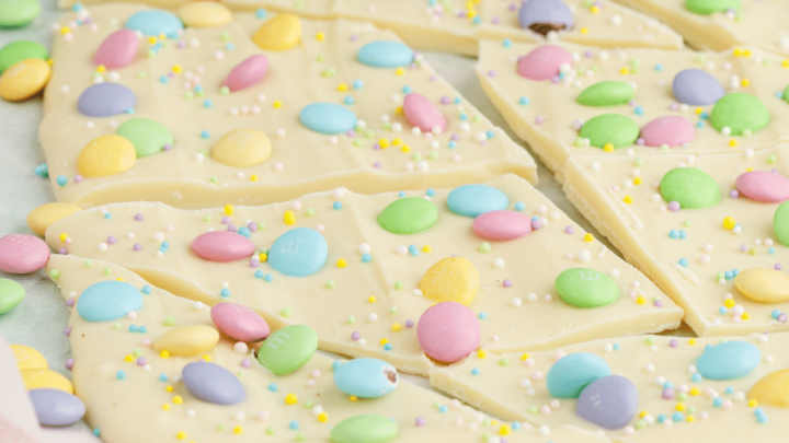 finished white chocolate easter bark on surface