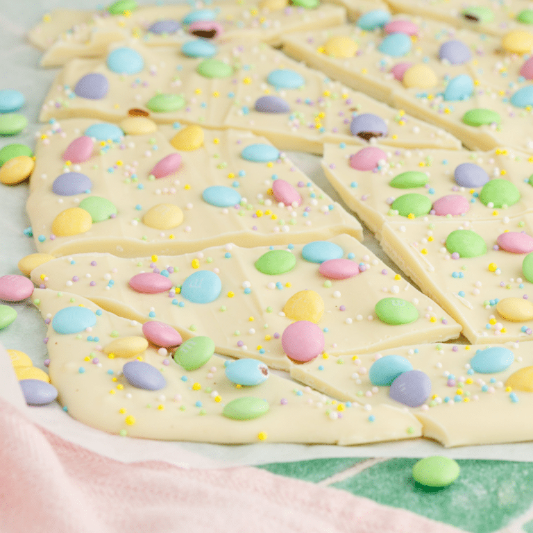 finished white chocolate easter bark on surface