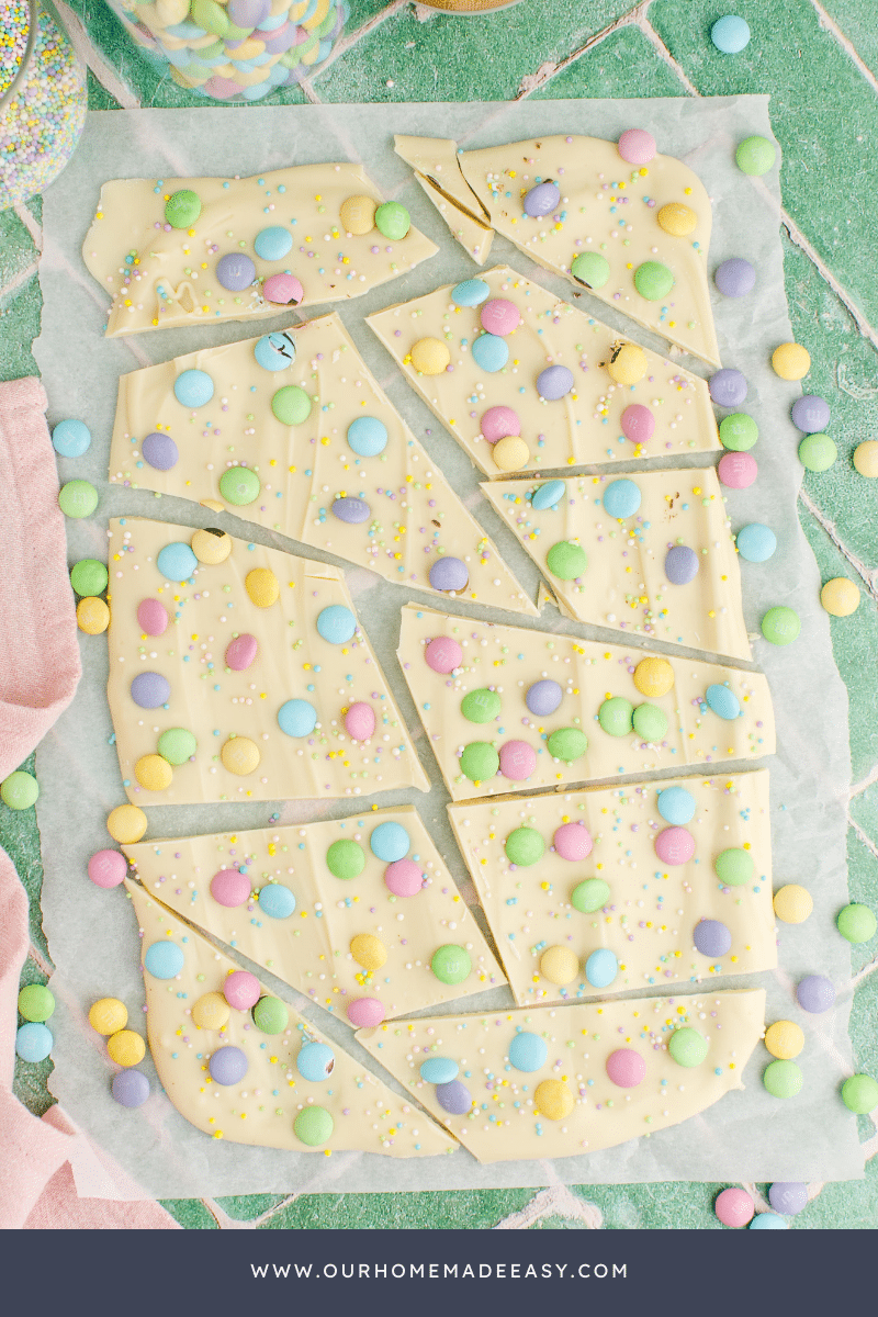 close up of chopped Spring M&M bark