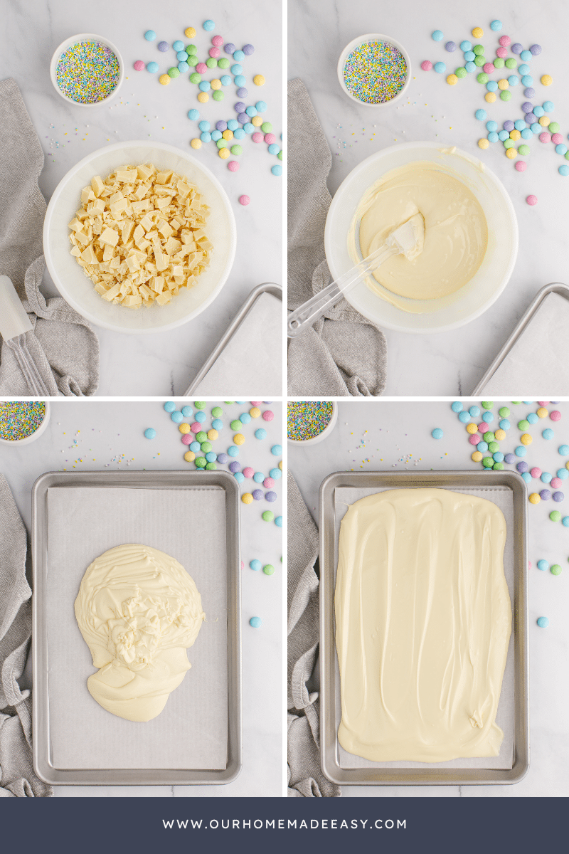 collage of photos showing melting white chocolate bark into sheet pan