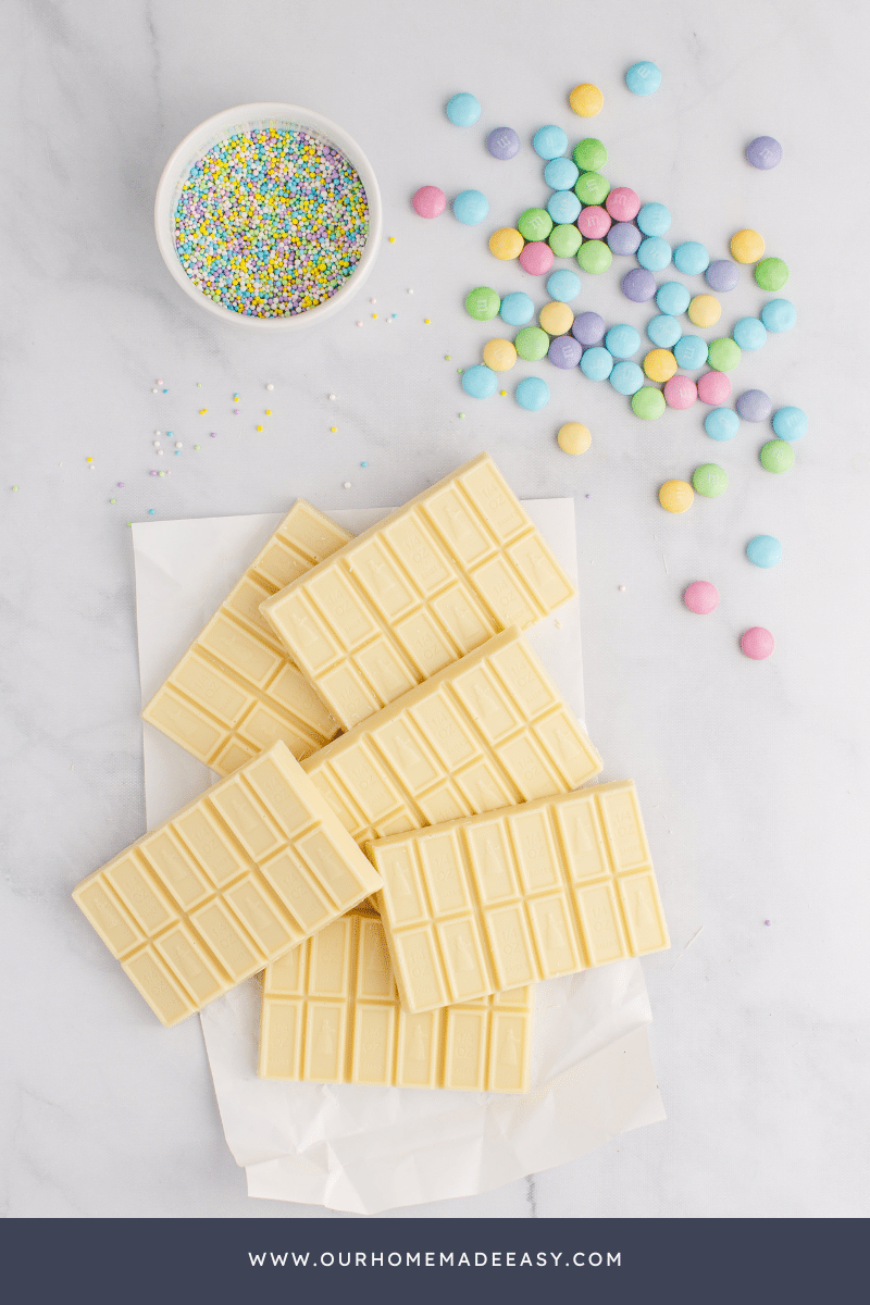 White Chocolate Easter Bark Ingredients on counter top