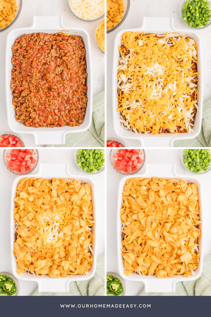 Frito pie casserole in process collage being assembled