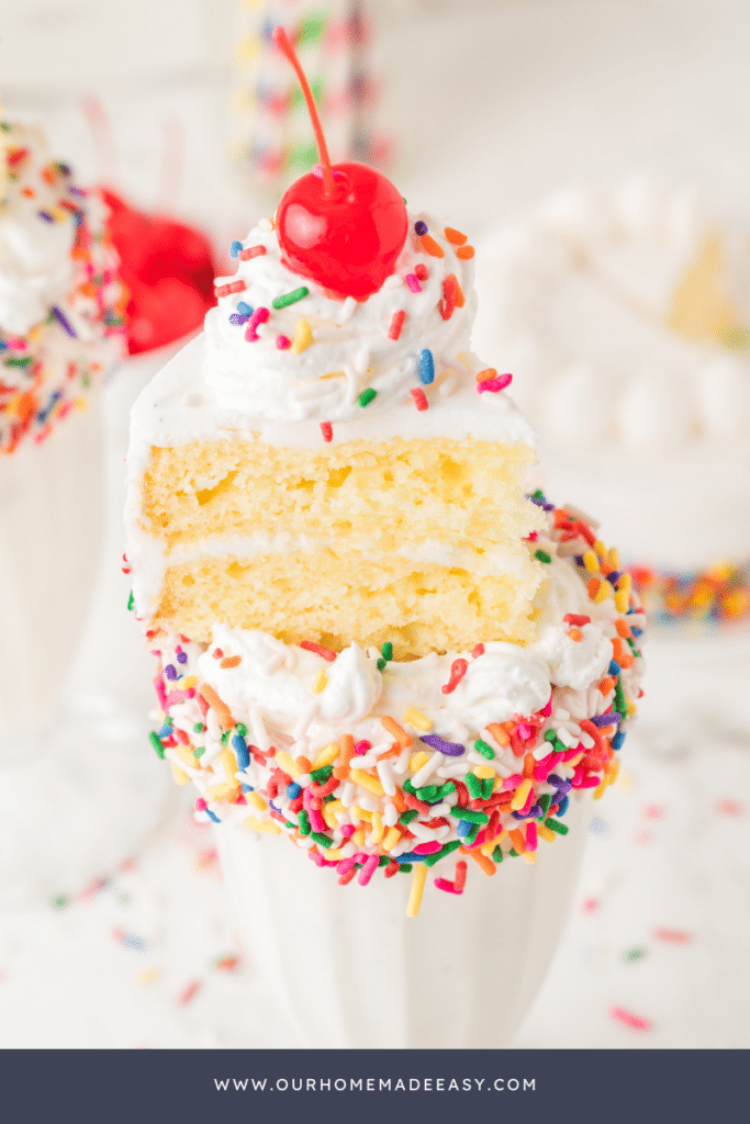 finished vanilla cake slice on vanilla milkshake