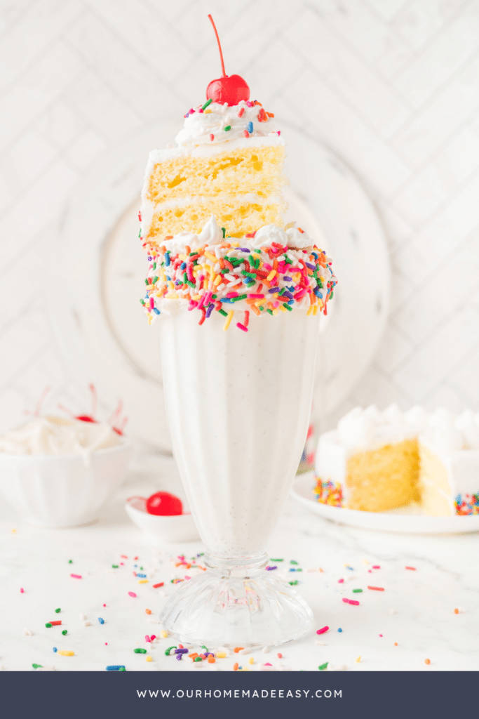 finished vanilla cake milkshake on countertop