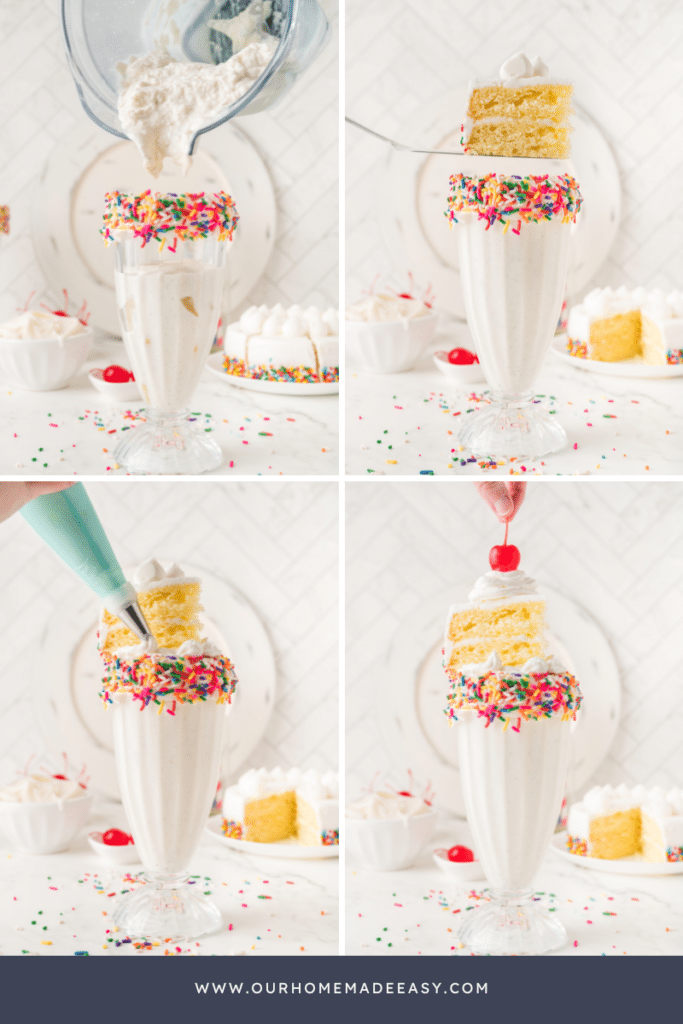 Collage building the birthday cake milkshake