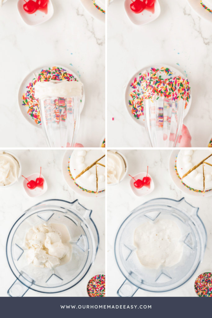 Prepping fancy milkshake glass rim with rainbow sprinkles collage
