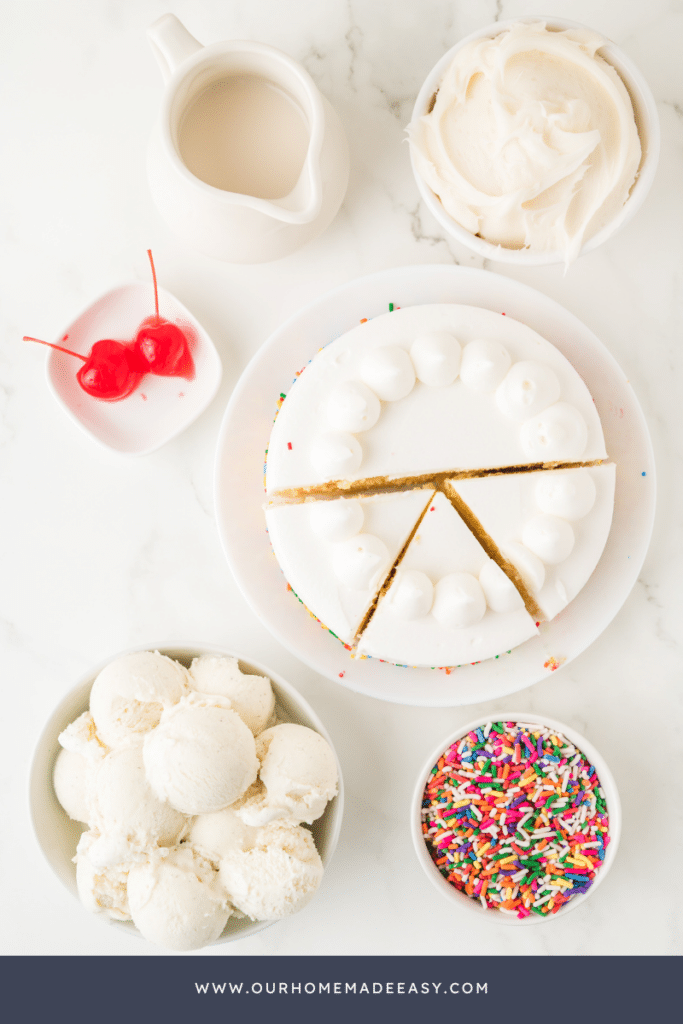 Birthday cake shake ingredients sitting on countertop