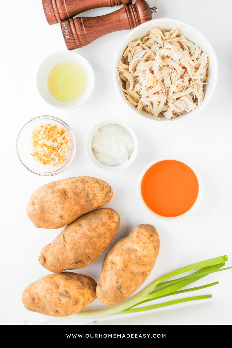 buffalo chicken baked potato ingredients on countertop 
