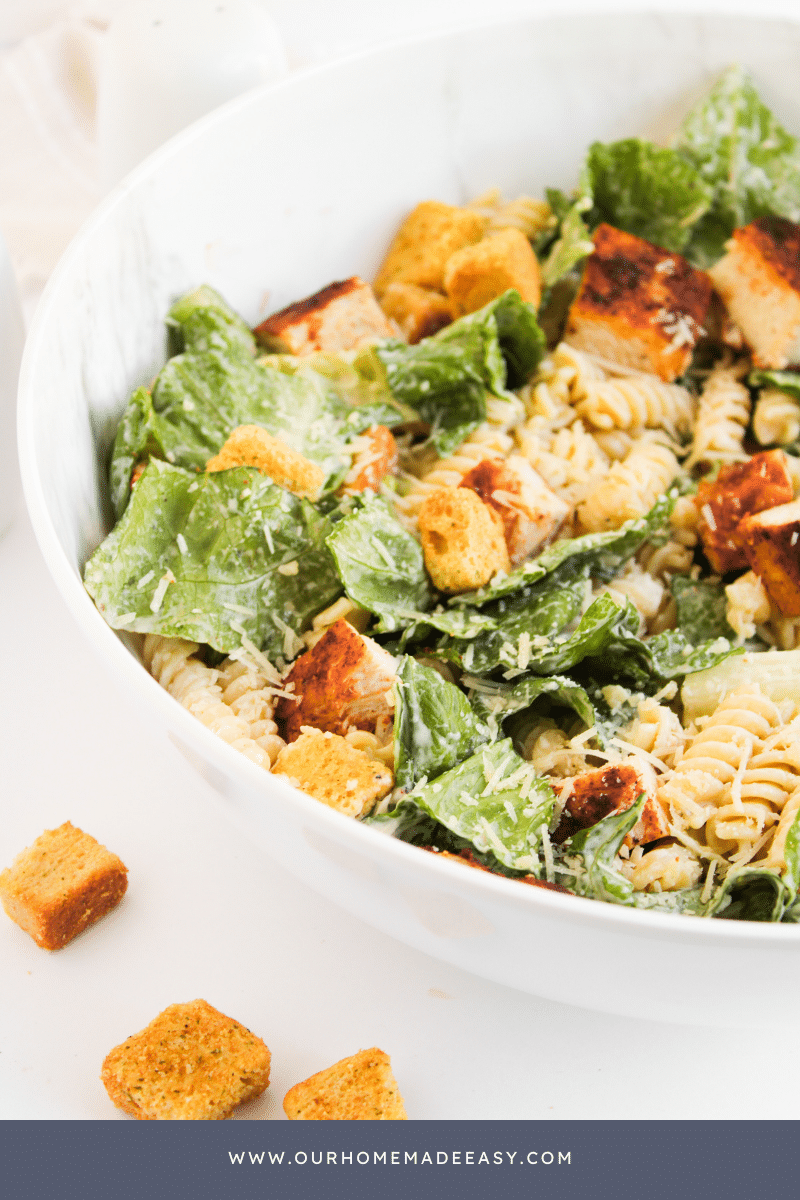 close up of finished Caesar pasta salad