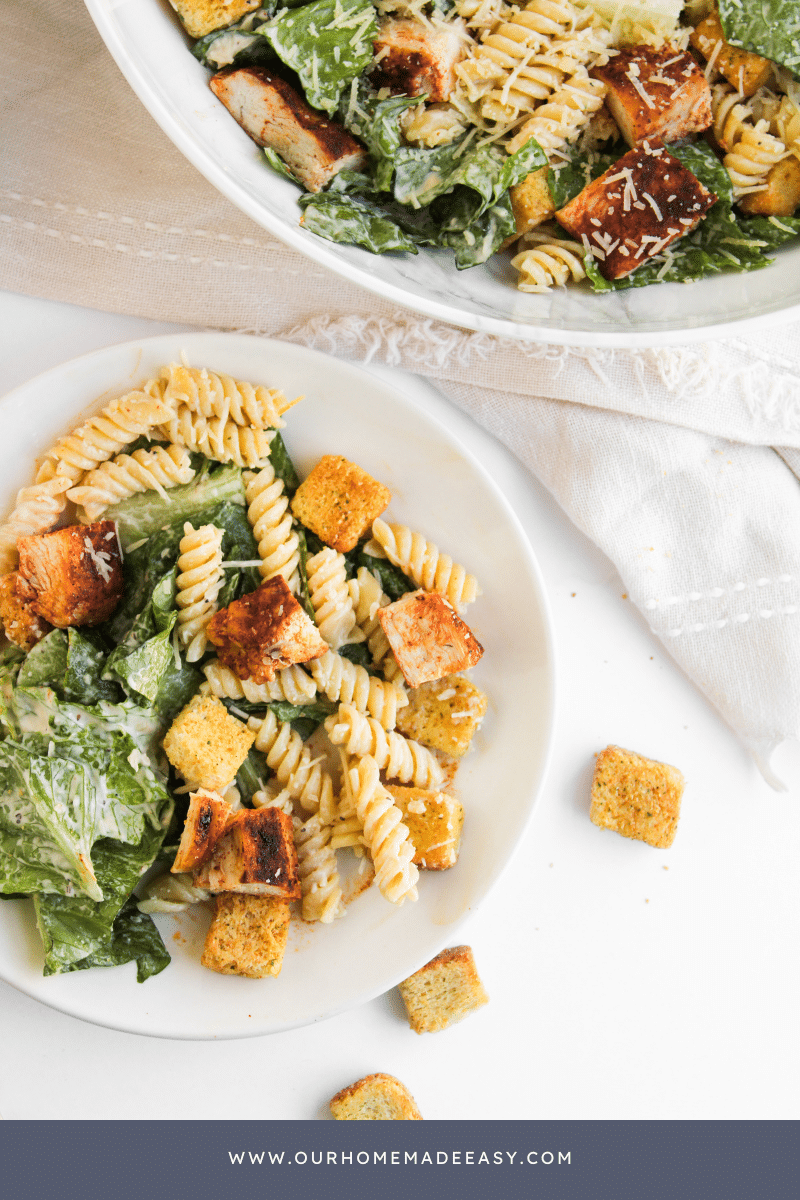 looking down at romaine lettuce pasta salad on plate