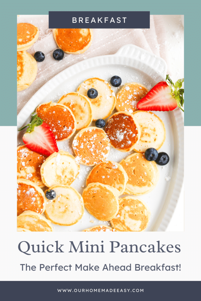 Finished mini pancakes on white platter with strawberries along with text