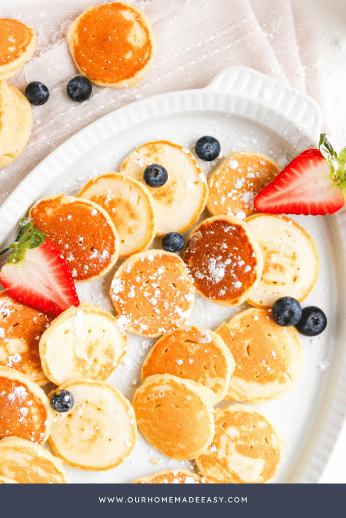 looking down at platter of silver dollar pancakes
