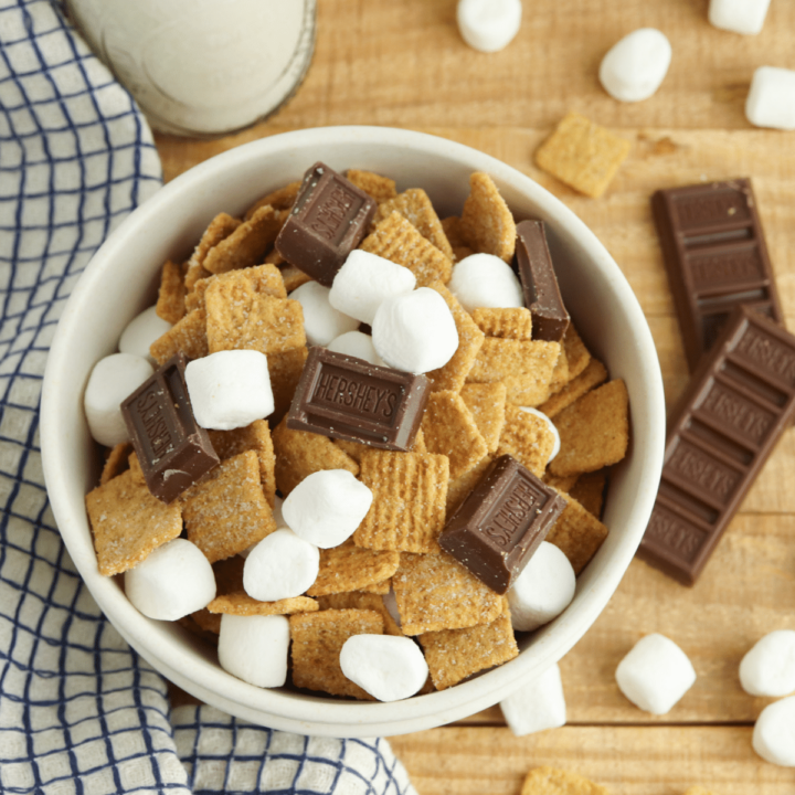 smores trail mix finished in white bowl on wood table
