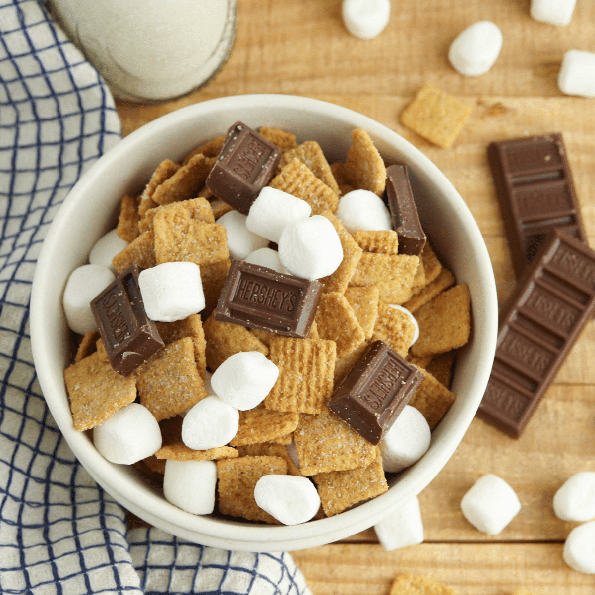 smores trail mix finished in white bowl on wood table