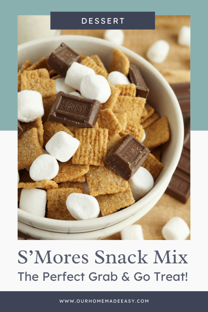 bowl of s'mores trail mix on wood table with text